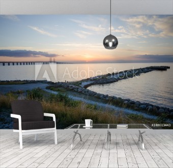 Picture of Oresund and Oresund Bridge viewed from Limhamn in Malmo Sweden during sunset